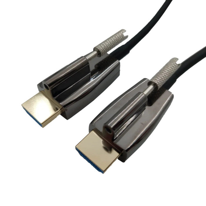 Two AOC Locking 32.8 ft HDMI cables with metal connectors on a white background