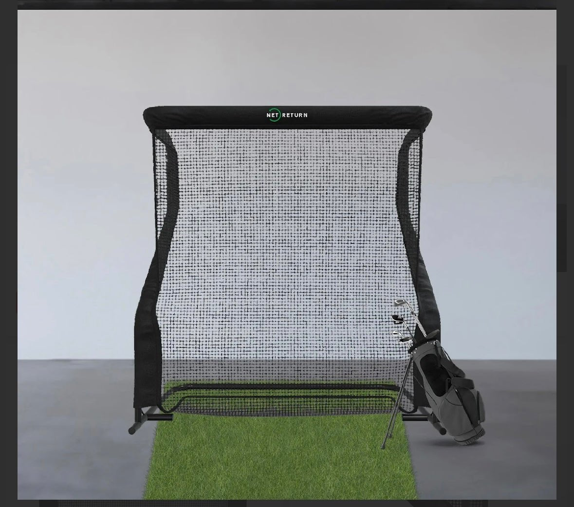 Golf setup front view of The Net Return Pro 8 Series net with turf mat for home simulator training - ALLBGT