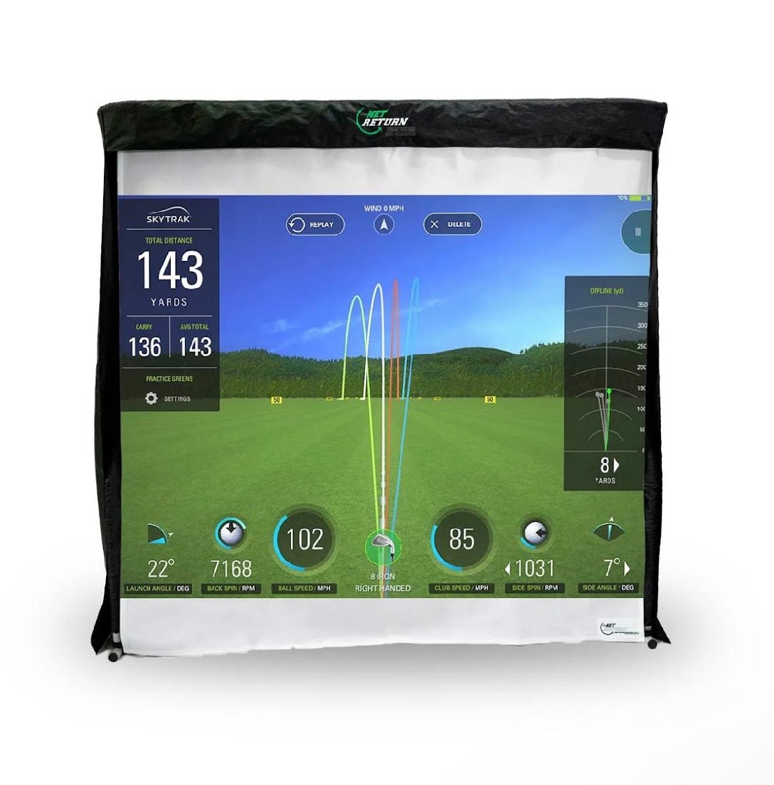 Golf Simulation screen setup showing The Net Return Pro 8 simulator kit with impact screen - ALLBGT