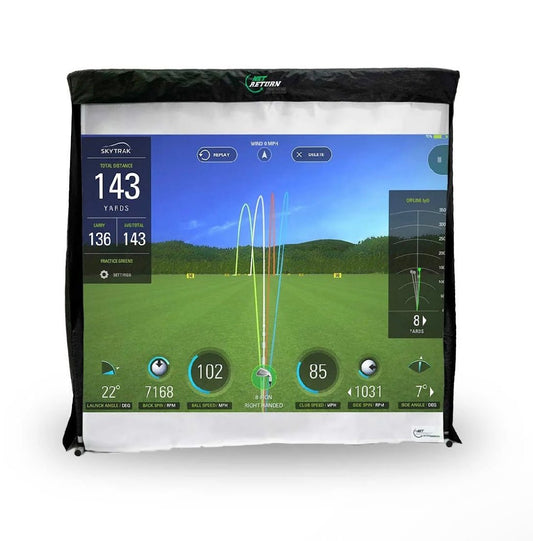 Golf Simulation screen setup showing The Net Return Pro 8 simulator kit with impact screen - ALLBGT