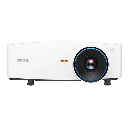 Front view - BenQ LK935 5500 Lumens 4K Laser Projector with blue lens ring and sleek white housing - ALLBGT