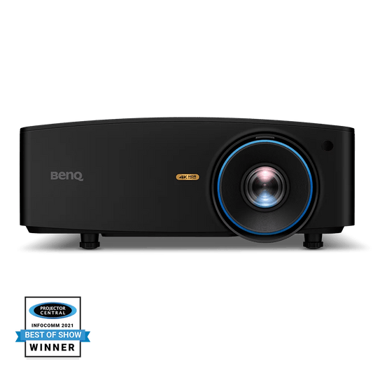 Front angle view - BenQ LK936ST 4K HDR 5100 Lumens Installation Laser Projector with vivid blue lens light - ALLBGT