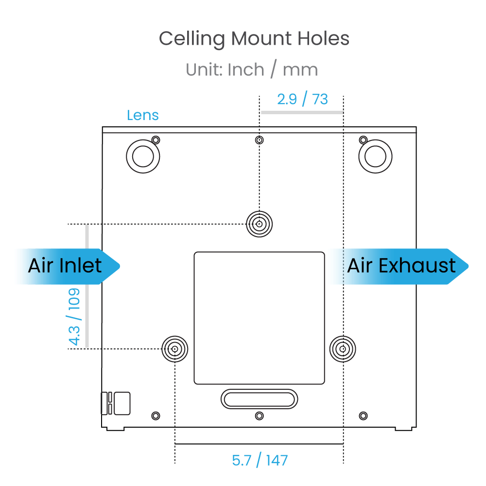 BenQ X3100i projector ceiling mount diagram with dimensions showing air intake and exhaust placement - ALLBGT