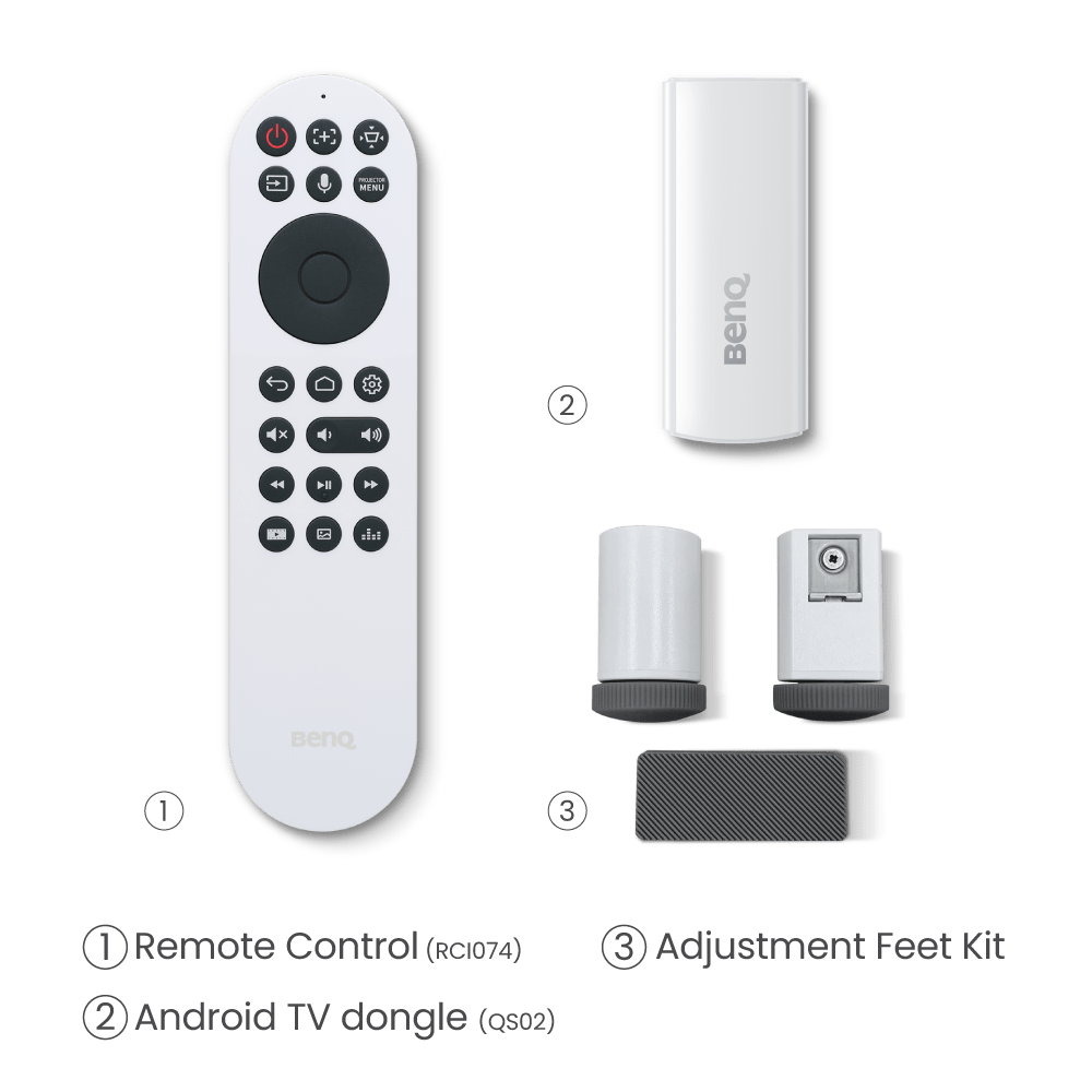 BenQ X3100i accessories kit including remote, Android TV dongle, and power adapter for home theater - ALLBGT