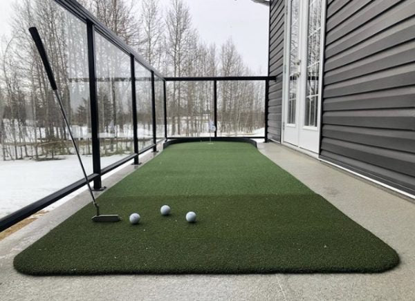 Outdoor golf practice setup featuring Big Moss Commander Patio Series Putting Green 4x15 - 1 cup -  ALLBGT