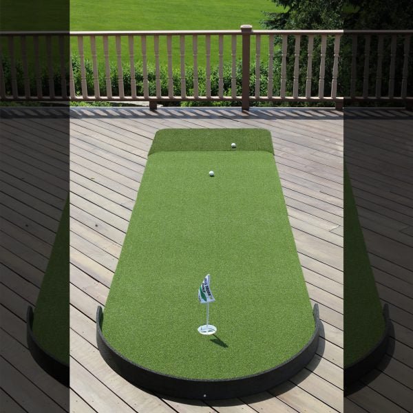 Big Moss Commander Patio Series Putting Green 4x15 - 1 cup setup on deck with golf flag and cups - ALLBGT