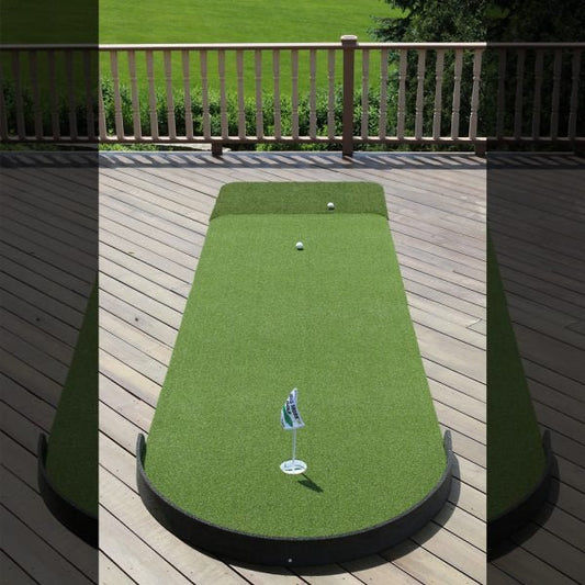 Big Moss Commander Patio Series Putting Green 4x15 - 1 cup setup on deck with golf flag and cups - ALLBGT