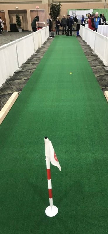 "Front view of Big Moss Long Putt 60ft Indoor Putting Green with flag - realistic long-distance golf practice mat - ALLBGT"