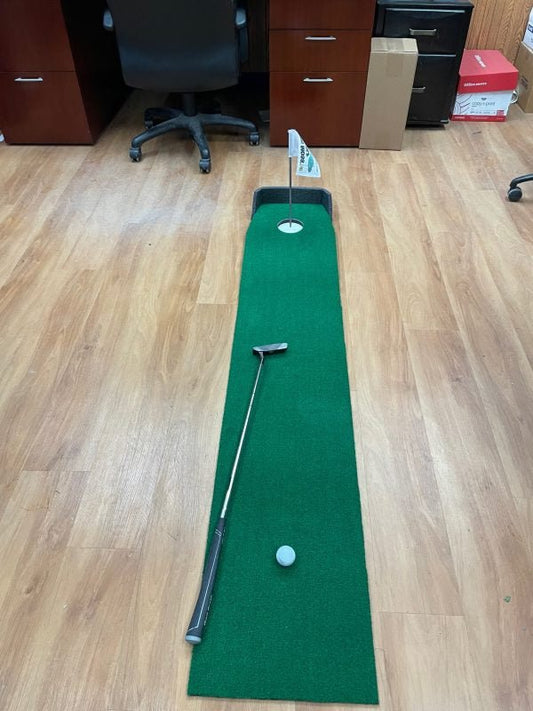 "Angled view of the Big Moss Office Putting Green 6-foot mat designed for home or office putting practice - ALLBGT"