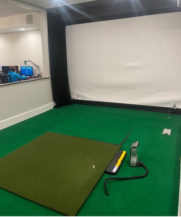 Big Moss True Launch Hitting Mat 4'x 5' inside golf simulator bay - indoor practice setup for launch monitors - ALLBGT