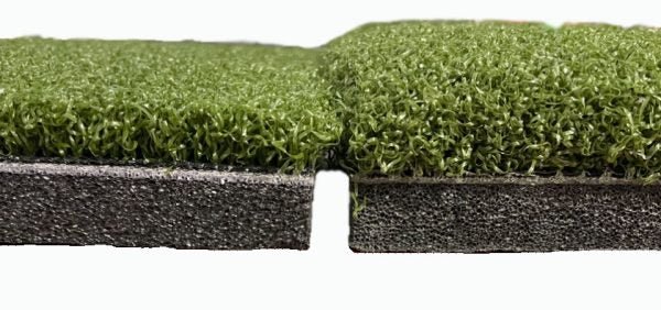 Side view of Big Moss True Launch Hitting Mat 5'x5' showing dual turf layers and durable foam base - ALLBGT