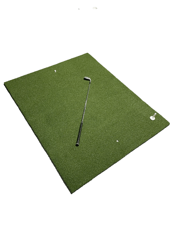 Angled product view of Big Moss True Launch Hitting Mat 4'x 5' with golf club and ball - realistic grass fiber - ALLBGT