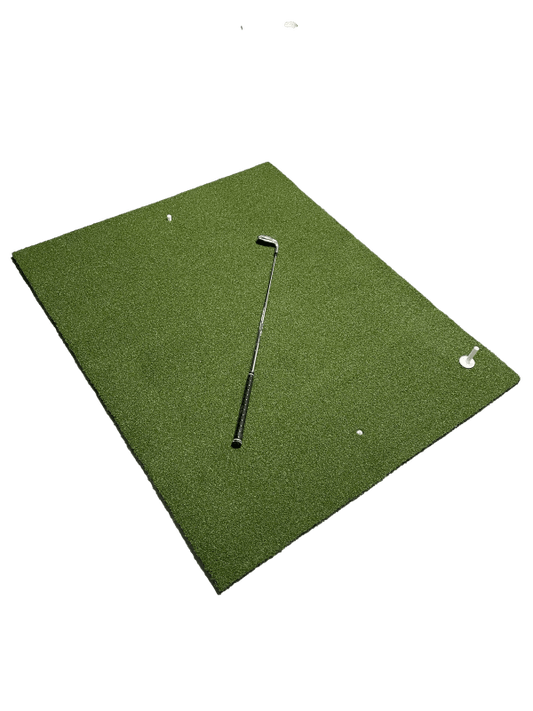 Angled product view of Big Moss True Launch Hitting Mat 4'x 5' with golf club and ball - realistic grass fiber - ALLBGT