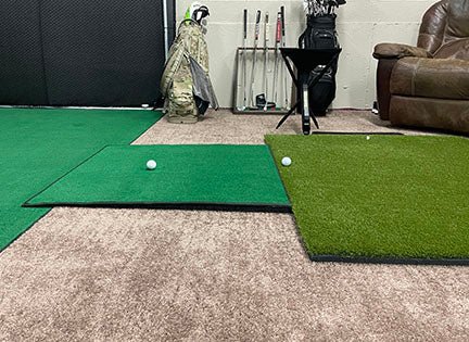 " Full setup of the Big Moss V2 Golf Putting Simulator with Ball Return Ramp showing complete indoor practice area - ALLBGT"