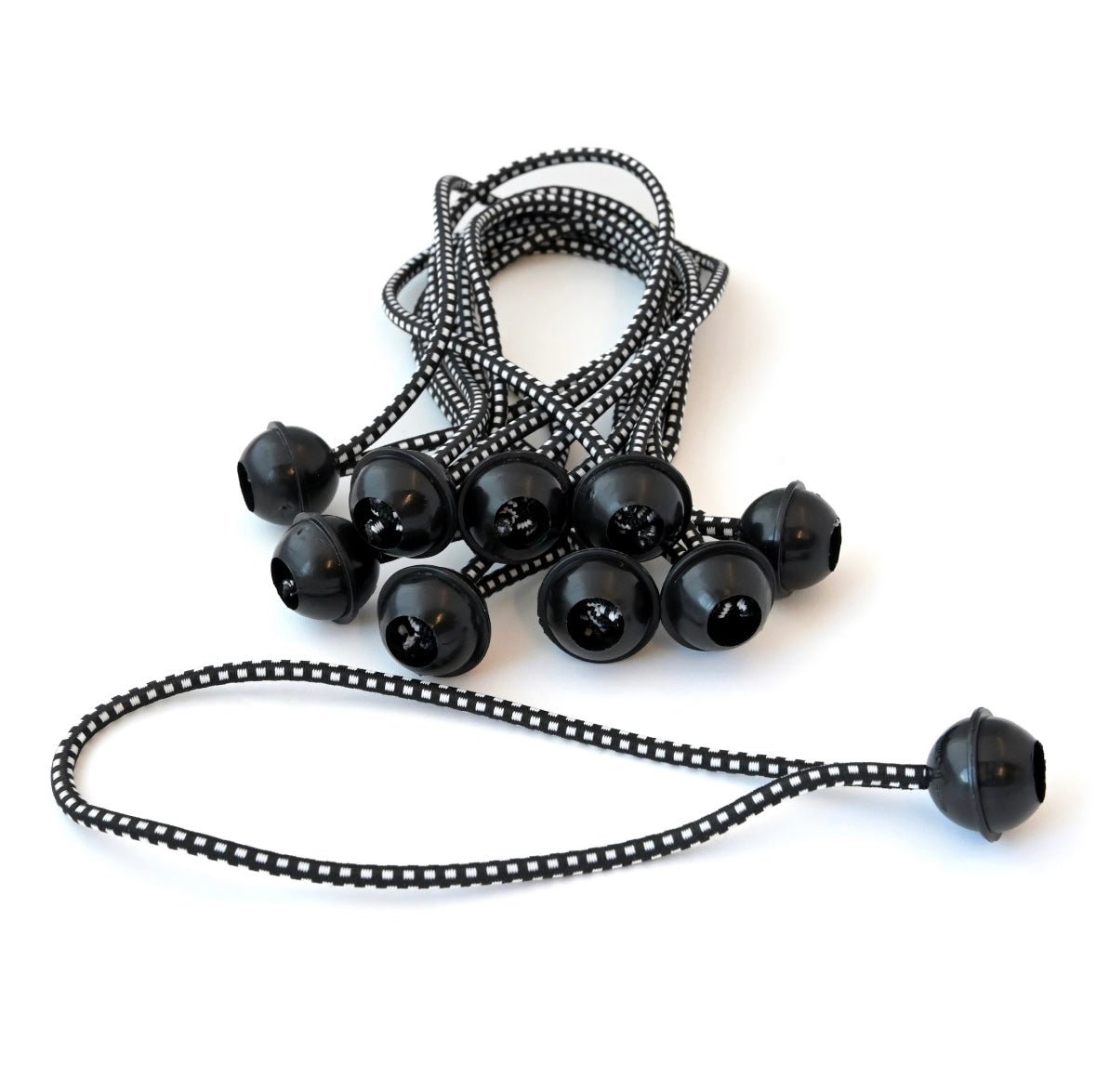 "Carl’s Place 9-inch Black Ball Bungees for golf simulator enclosures - durable stretch cords for impact screens - ALLBGT"
