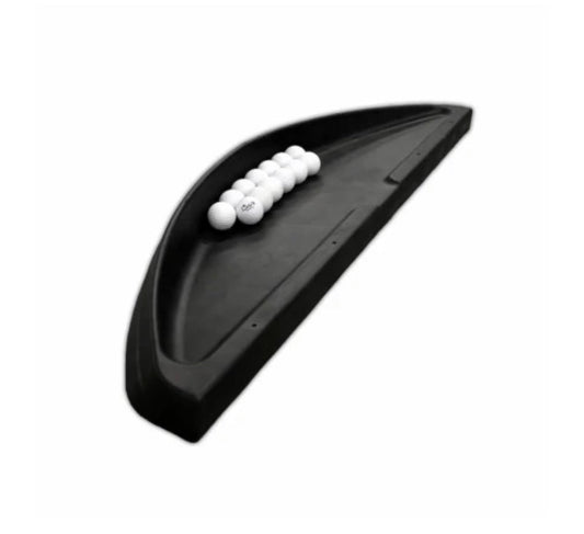 "Carl’s Place durable black golf ball tray holding multiple white balls for indoor golf simulator setup - ALLBGT"