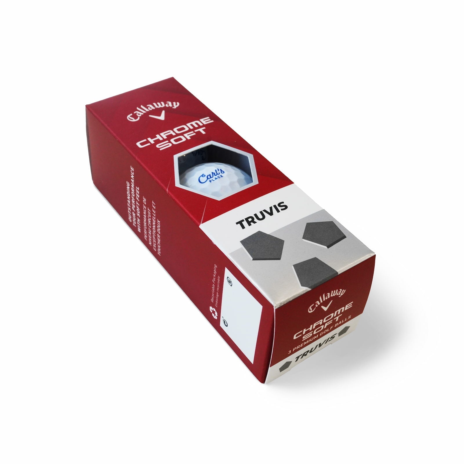 Angled view of Carl’s Place Callaway Chrome Soft Truvis 3-pack sleeve showing red packaging and golf ball design - ALLBGT