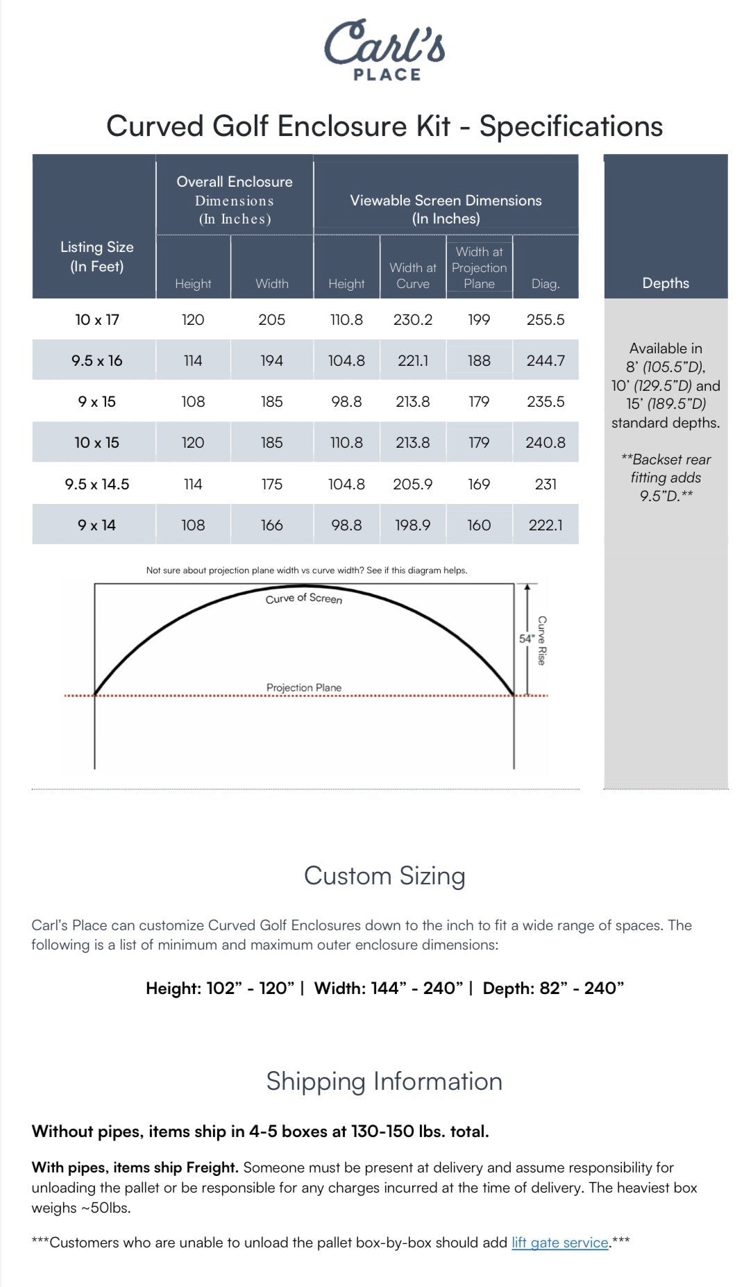 Dimensions of Carl’s Place Curved Golf Simulator Enclosure Kit With High - Contrast Gray Impact Screen - ALLBGT