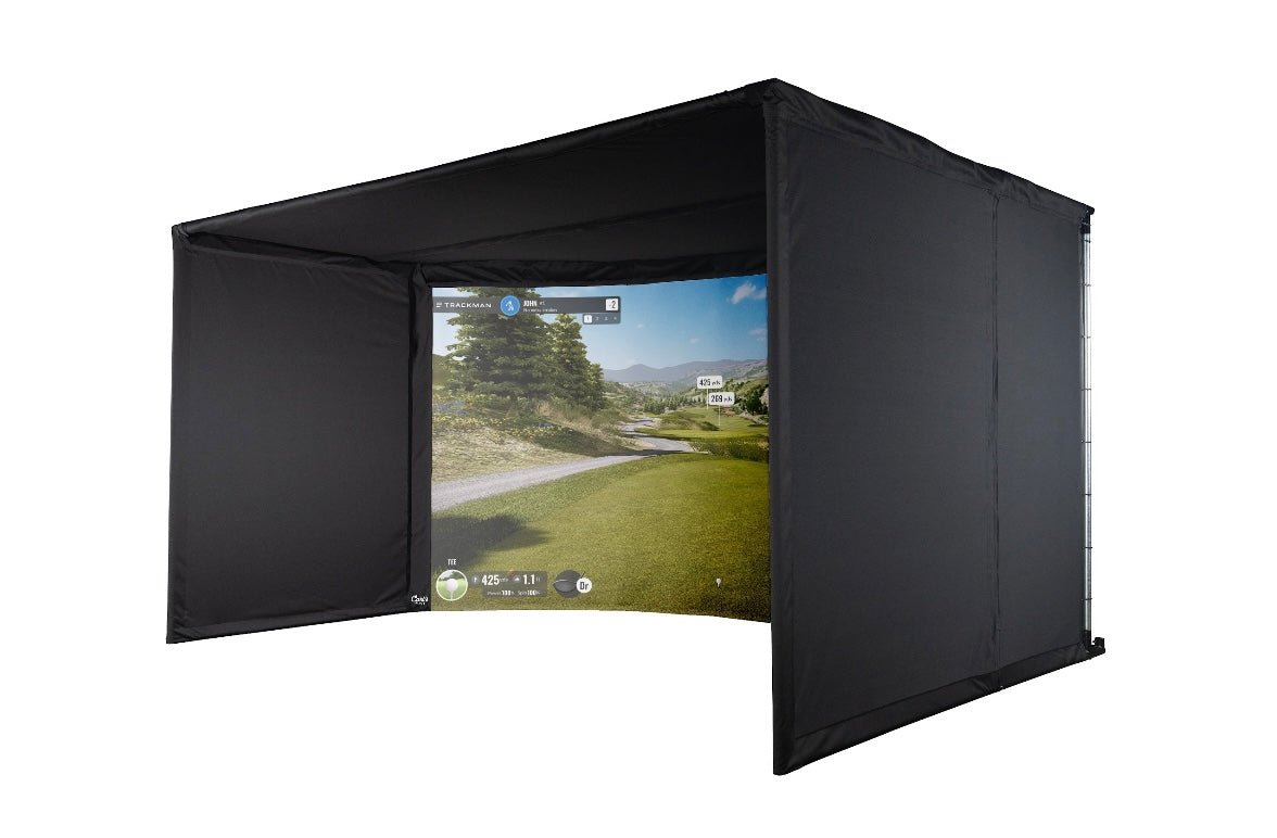 "Carl’s Place Curved Golf Simulator Enclosure Kit with full floor setup and immersive curved impact screen display - ALLBGT"