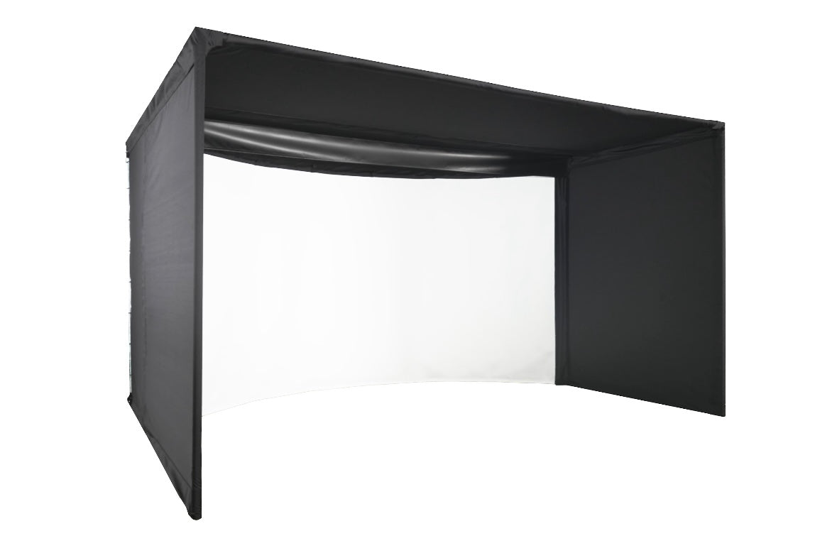"Side view of Carl’s Place Curved Golf Simulator Enclosure Kit highlighting curved design and black panels - ALLBGT"