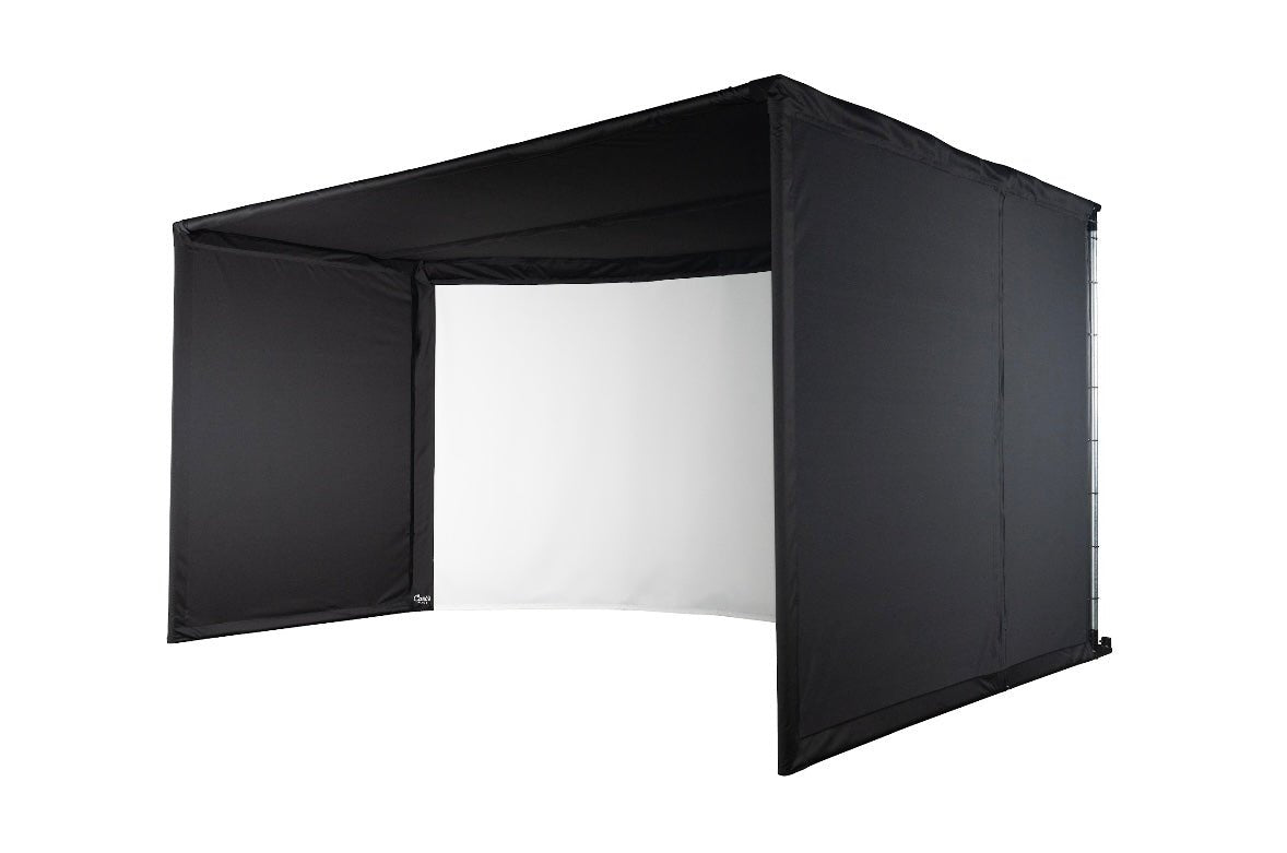 "Carl’s Place Curved Golf Simulator Enclosure Kit with durable frame and wrinkle-free impact screen. - ALLBGT"