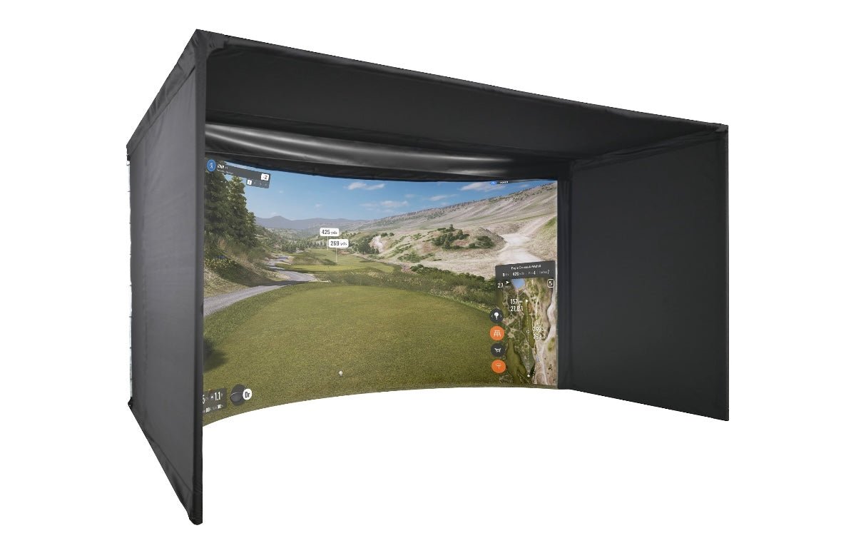 "Carl’s Place Curved Golf Simulator Enclosure Kit with premium impact screen and realistic course projection - ALLBGT"