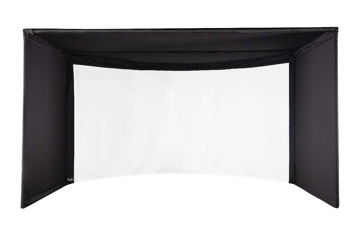 "Front view of Carl’s Place Curved Golf Simulator Enclosure Kit showing curved frame and smooth impact screen - ALLBGT"