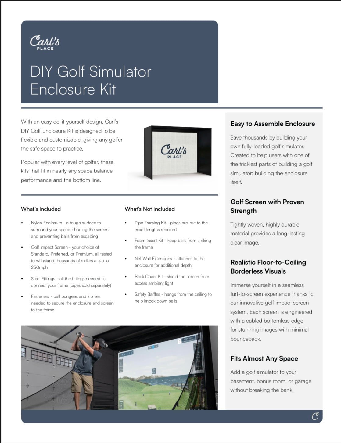 “Product brochure for Carl’s Place DIY Golf Simulator Enclosure Package featuring impact screen and setup details - ALLBGT.”