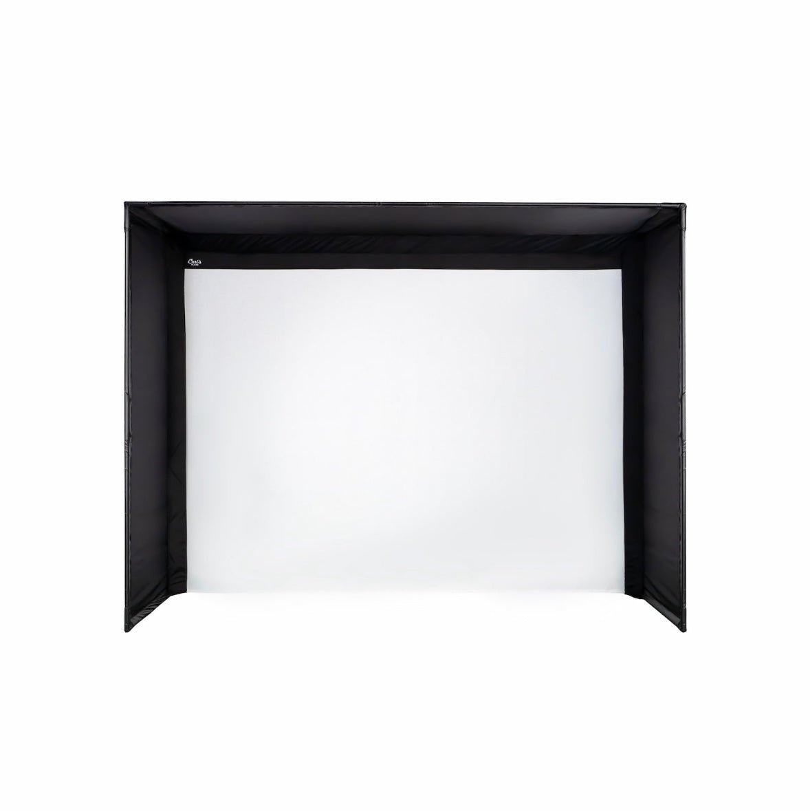 “Front view of Carl’s Place DIY Golf Simulator Enclosure Package with white impact screen - ALLBGT.”