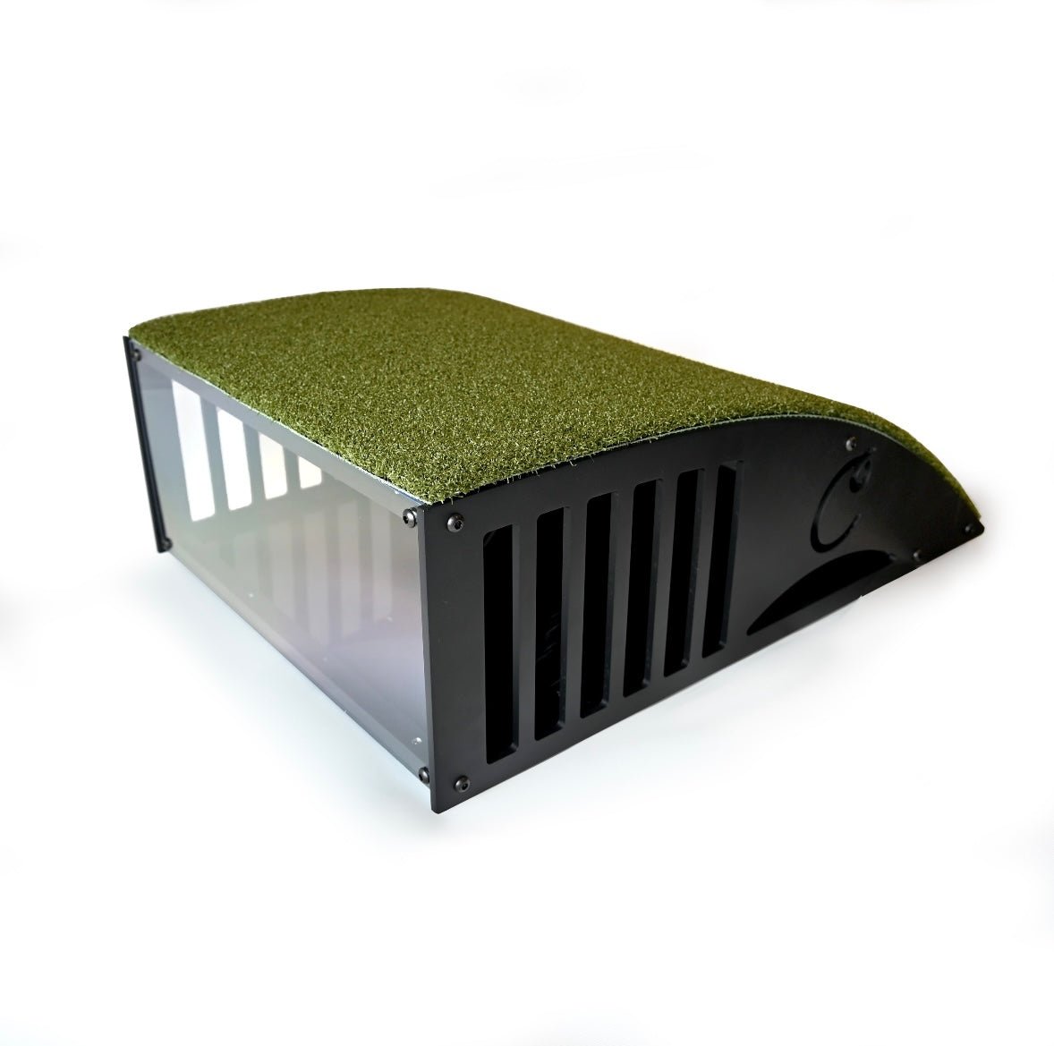“Side view of Carl’s Place Floor-Mounted Projector Enclosure Kit showing curved turf cover - ALLBGT.”