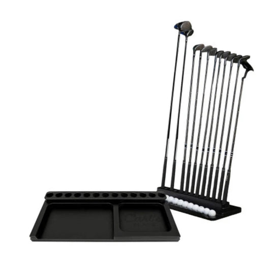 "Carl’s Place Golf Club Holder with tray organizing multiple clubs and golf balls for simulator or home use - ALLBGT"