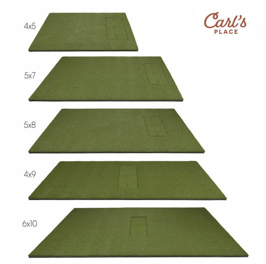 "Carl’s Place HotShot Golf Mat System lineup showing multiple turf sizes and configurations - ALLBGT."