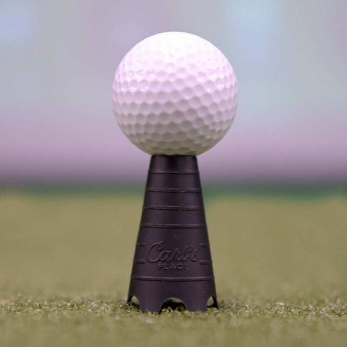 Carl’s Place HotShot Indoor Golf Tee with golf ball on turf for accurate simulator practice shots. - ALLBGT