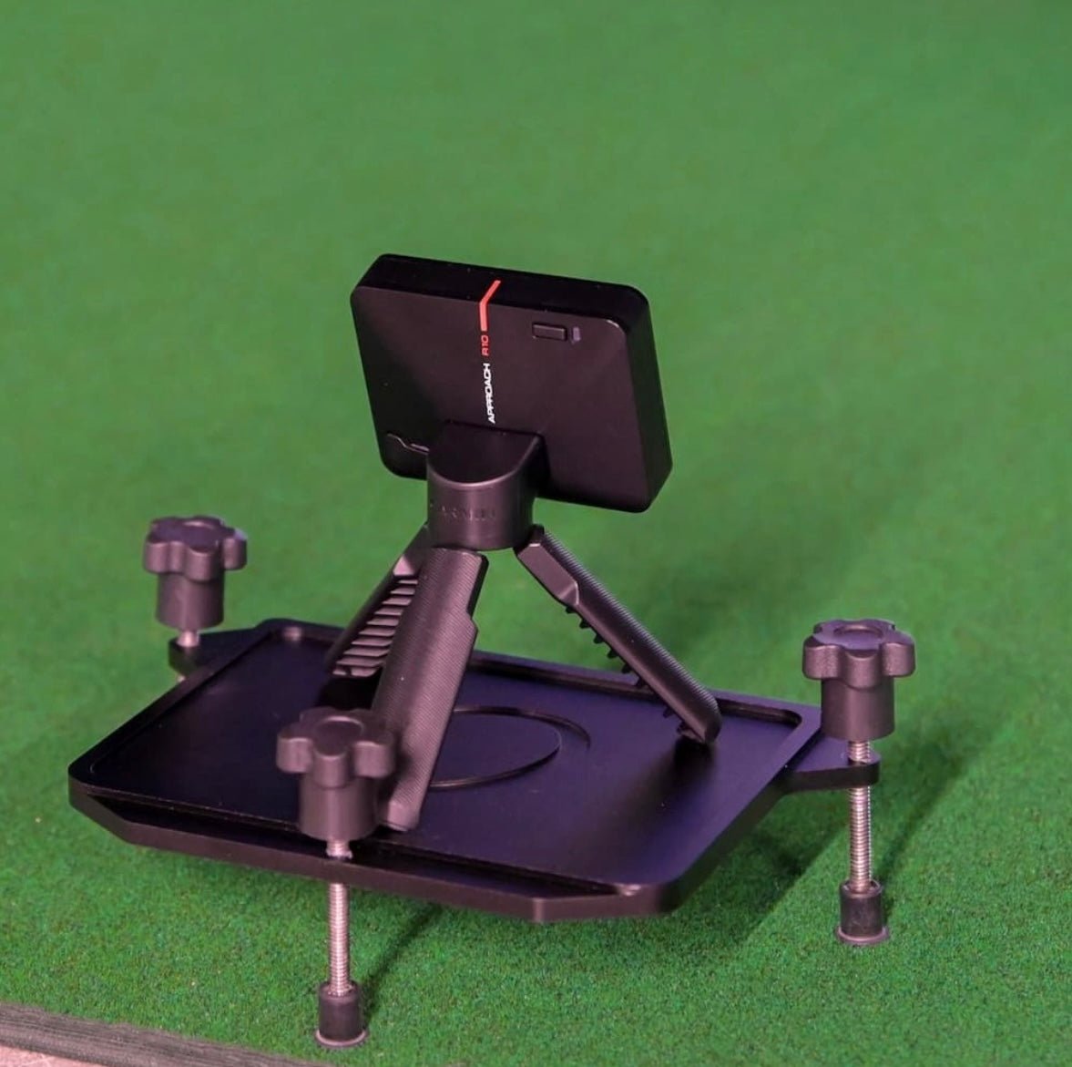 Carl’s Place Golf  Launch Monitor Stand holding golf launch monitor on turf mat - ALLBGT