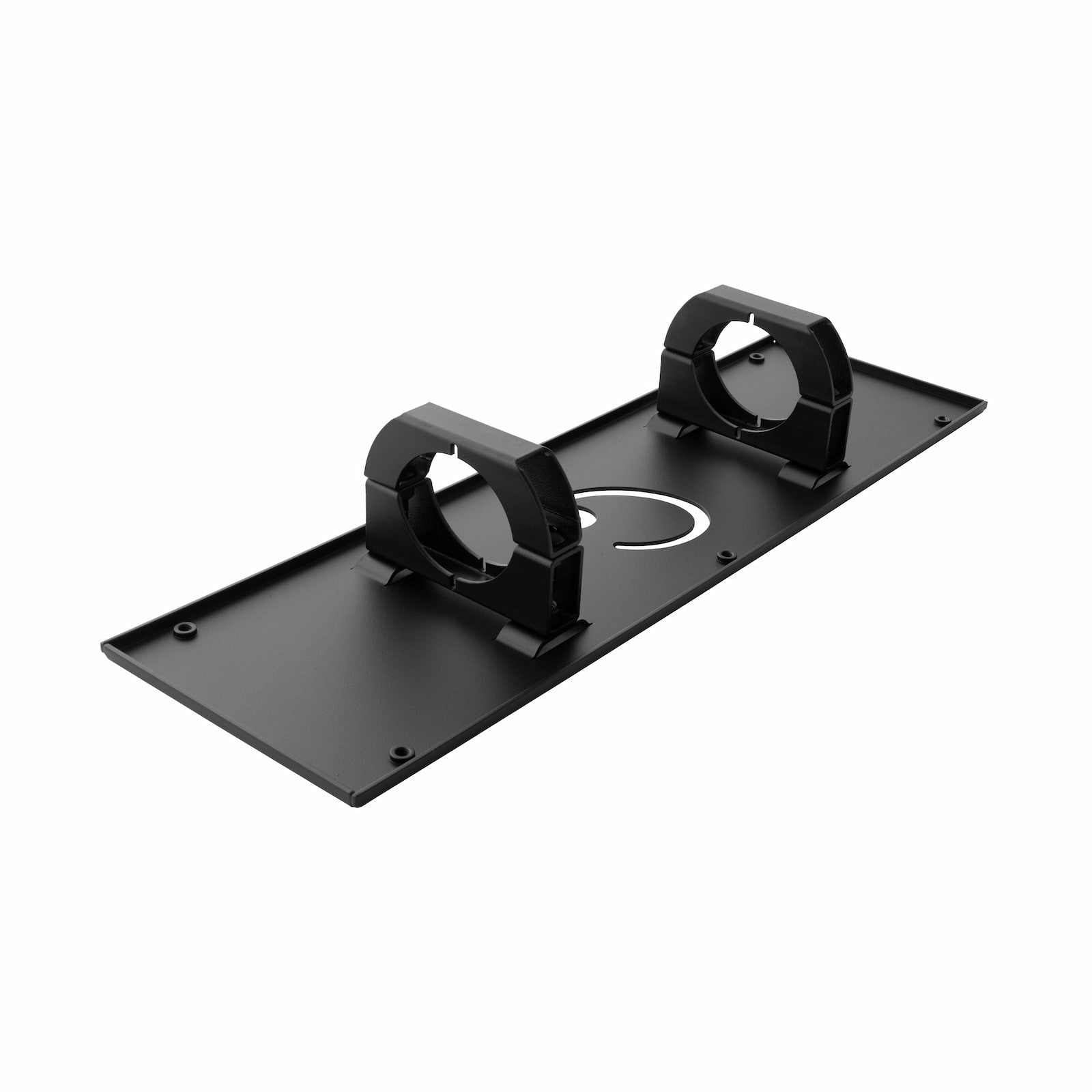 Black metal base plate with dual frame mounts for Carl’s Place Launch Monitor Pro Enclosure support system - ALLBGT
