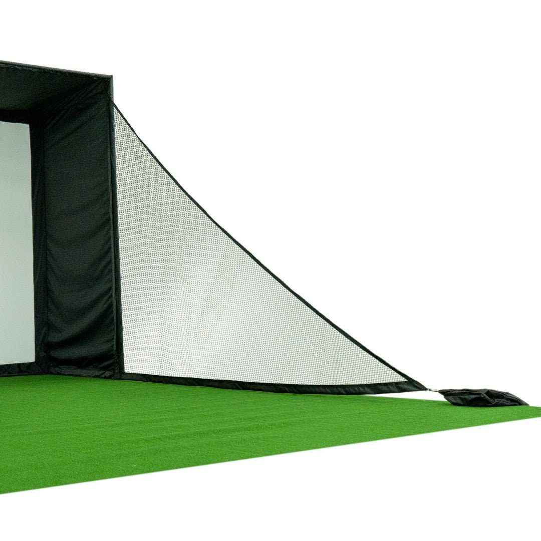 Angled view of Carl’s Place Net Wall Extensions for Golf Simulator side protection panels for hitting enclosure - ALLBGT