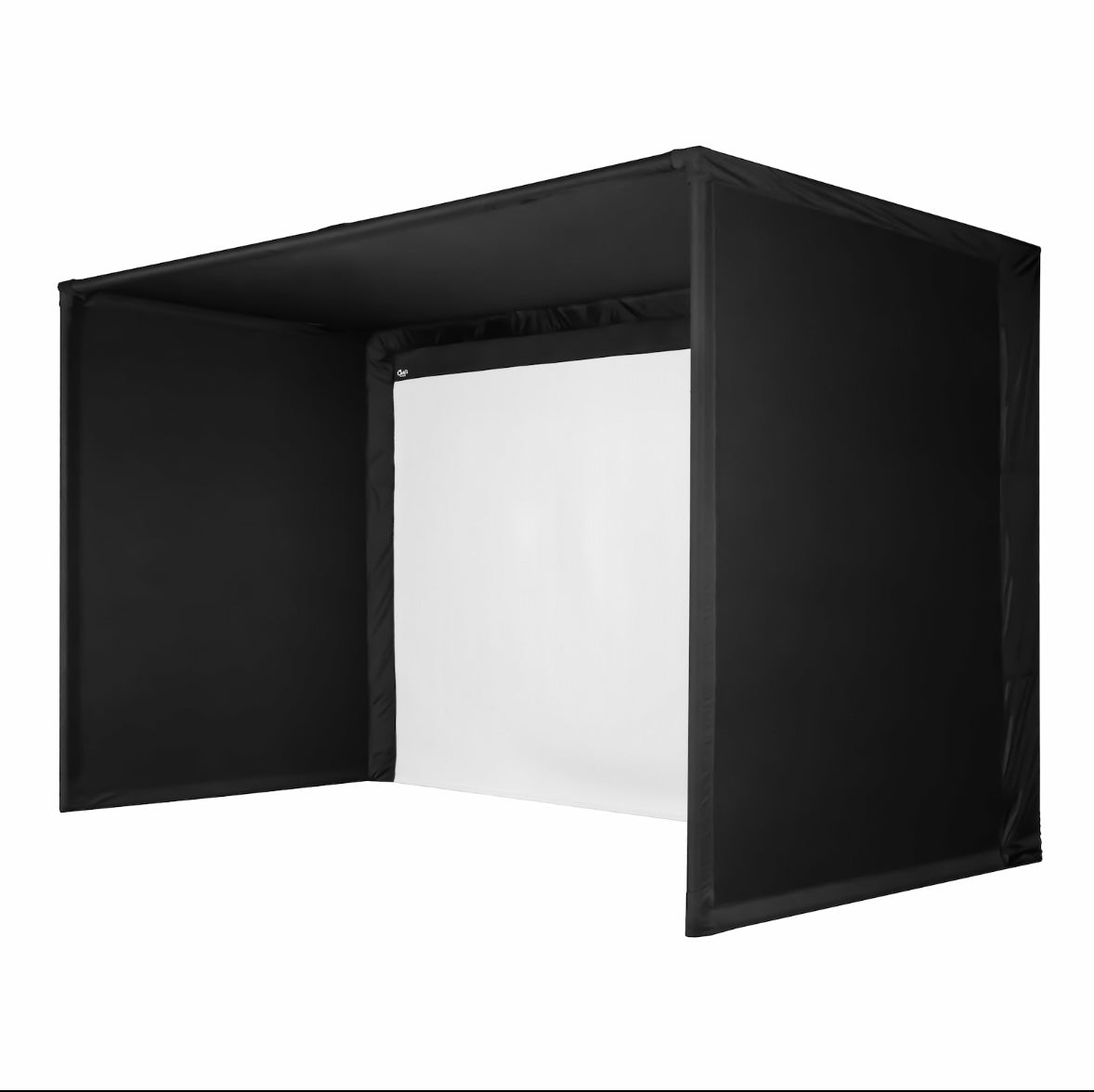 "Angled view of Carl’s Place Pro Golf Simulator Enclosure Kit with black frame and impact screen - ALLBGT."