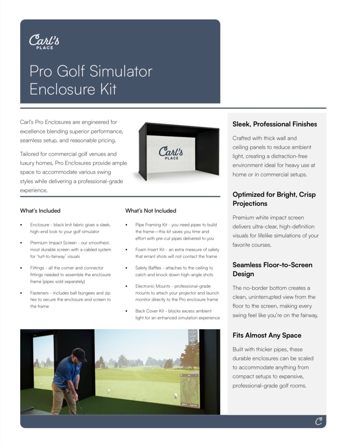"Product brochure for Carl’s Place Pro Golf Simulator Enclosure Kit featuring impact screen and design highlights - ALLBGT."