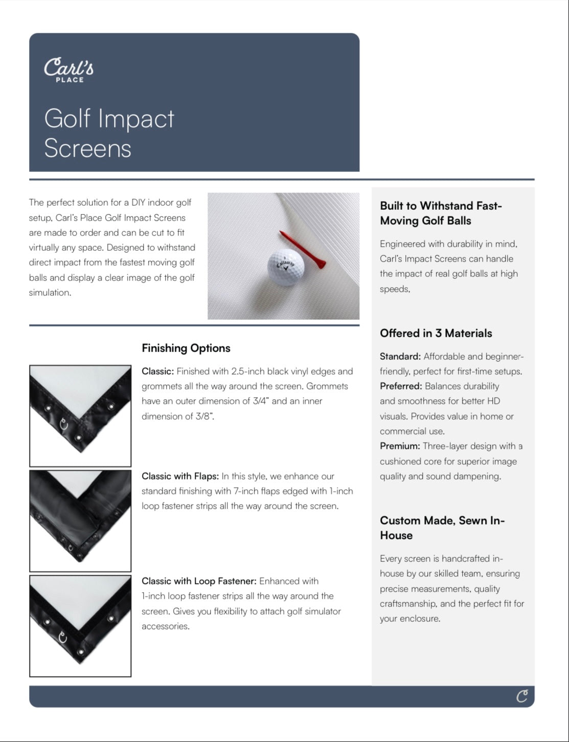 "Carl’s Place Pro Golf Simulator Impact Screen details and material comparison chart for enclosure kit - ALLBGT."