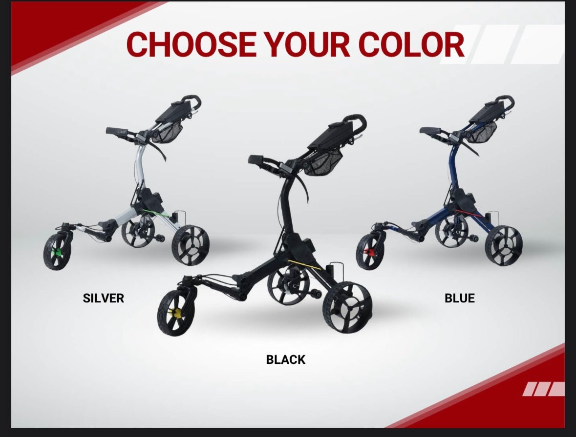 Different colors of the CYBERCART Electric Golf Caddies -  Silver, Black, and Blue. -ALLBGT