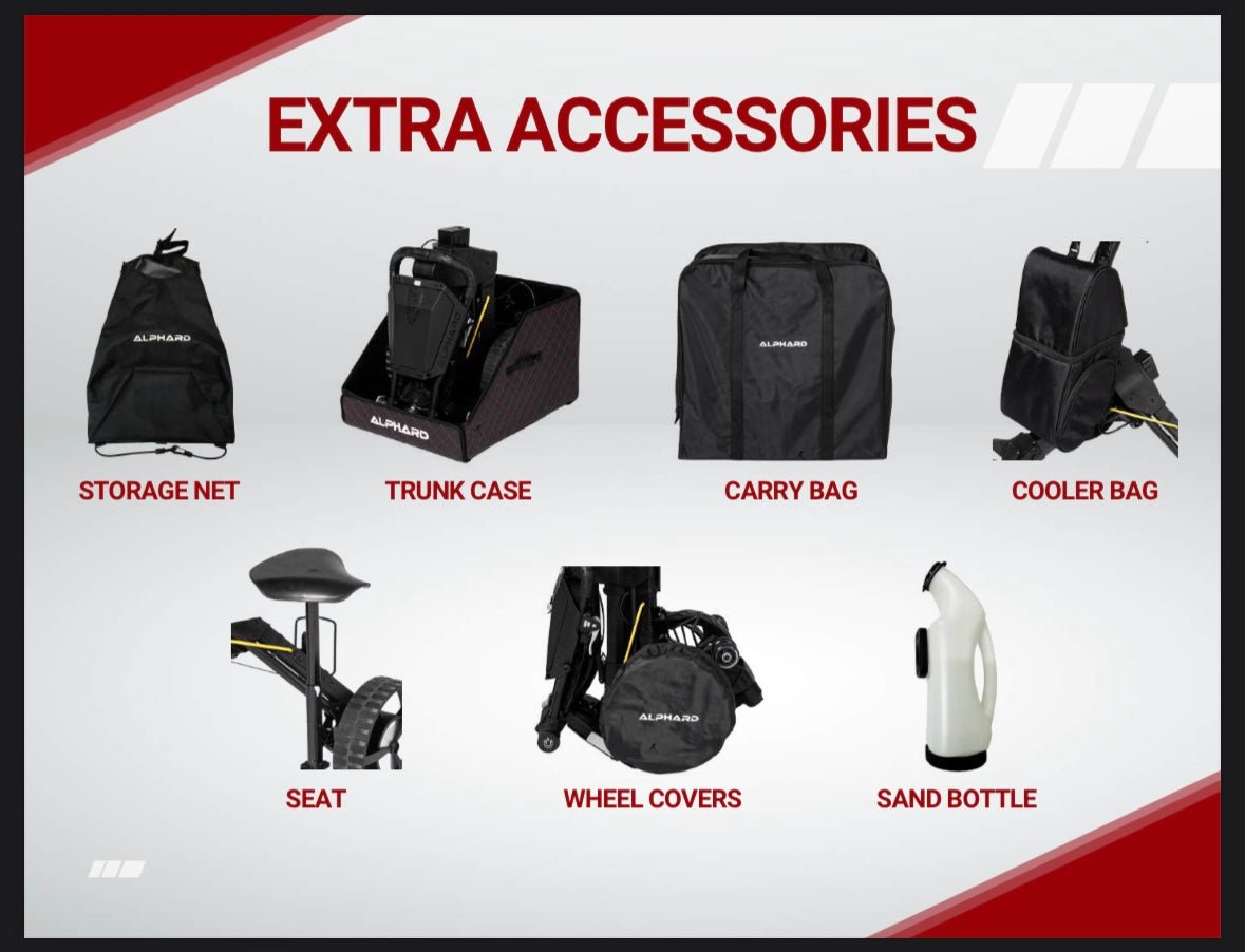 Extra Accessories for the CYBERCART Electric Golf Caddie - Storage net, Trunk case, Carry bag, Seat, Cooler bag and more - ALLBGT