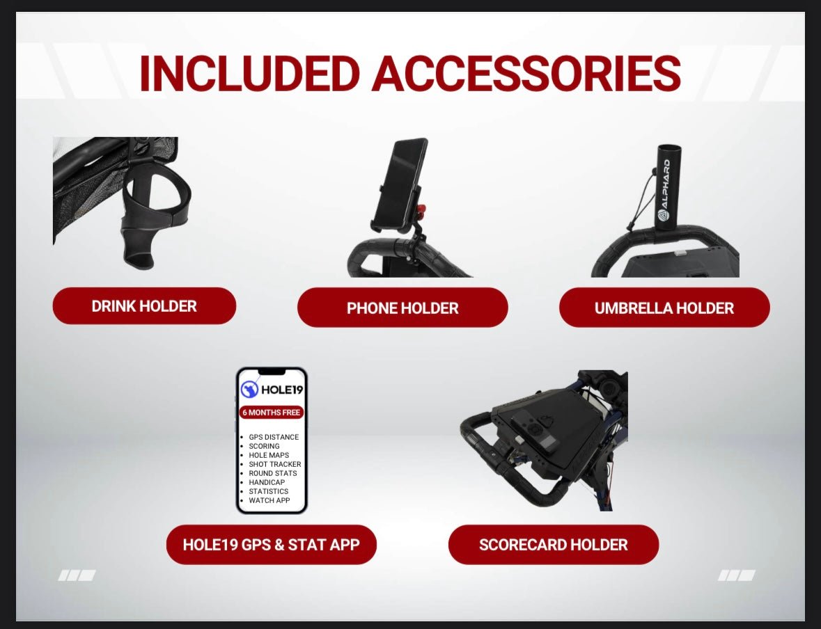 Included Accessories for CYBERCART Electric Golf Caddie - Drink holder, Phone holder, Umbrella holder, Scorecard holder - ALLBGT