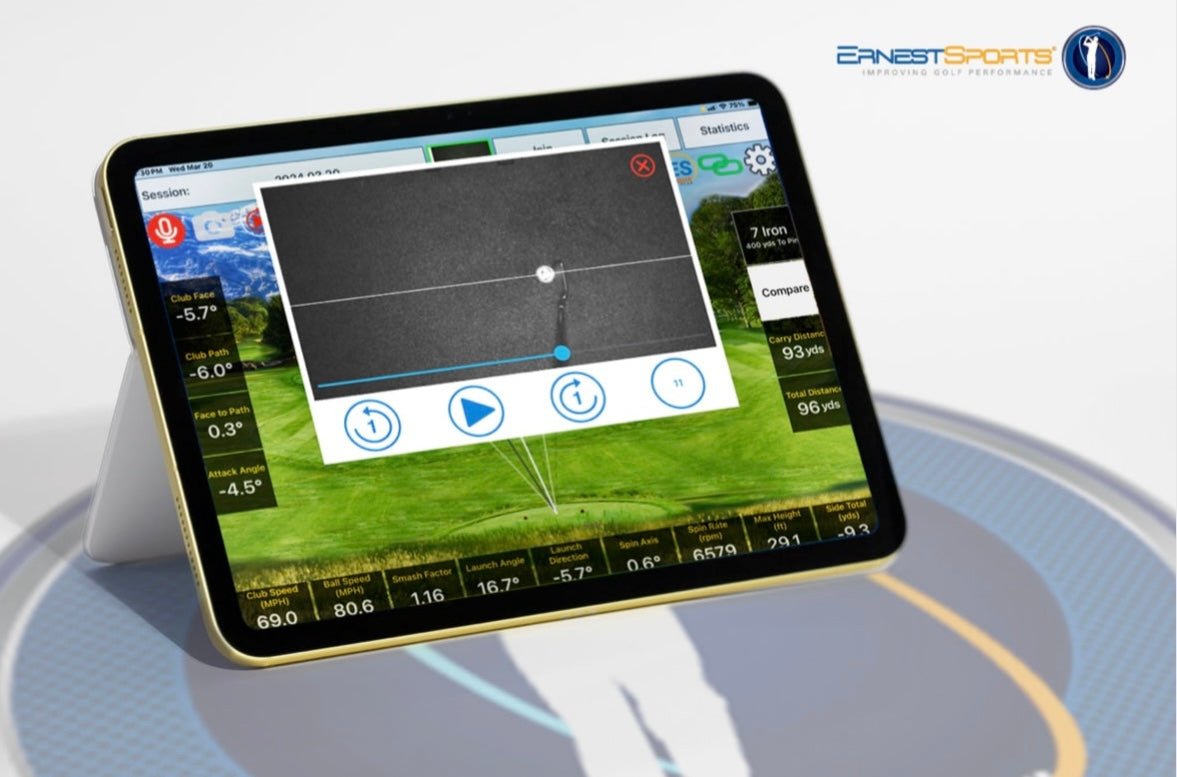 Ernest Sports Eagle SIM tablet display showing golf swing analysis, ball speed, and club path data in real time - ALLBGT