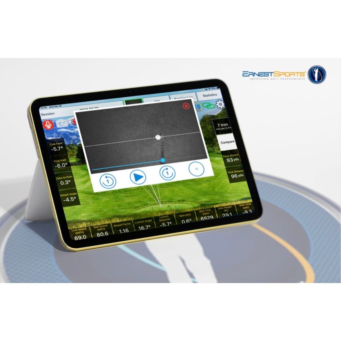 Ernest Sports Eagle SIM tablet display showing golf swing analysis, ball speed, and club path data in real time - ALLBGT