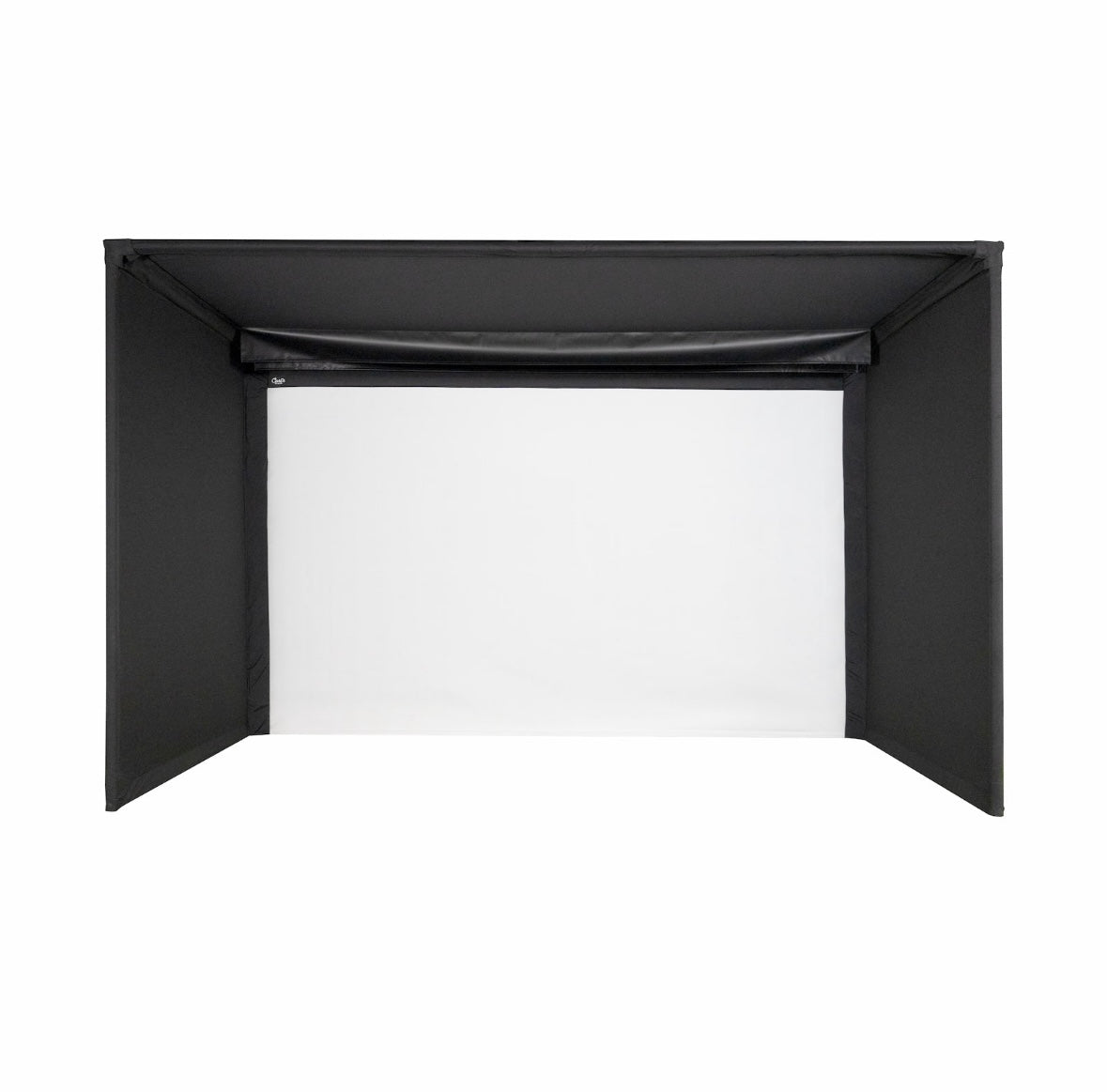 Front view of Carl’s Place golf simulator enclosure with black frame and white impact screen for indoor golf setup - ALLBGT