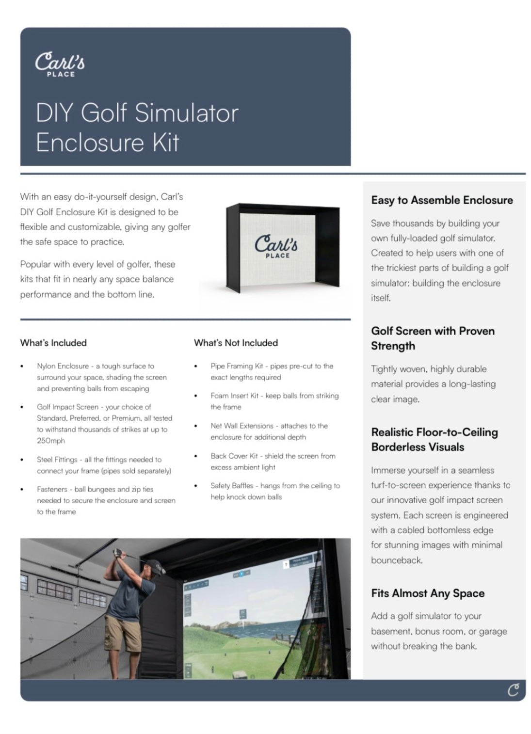 Carl’s Place DIY Golf Simulator enclosure kit brochure showing features, setup details, and golfer practicing inside - ALLBGT