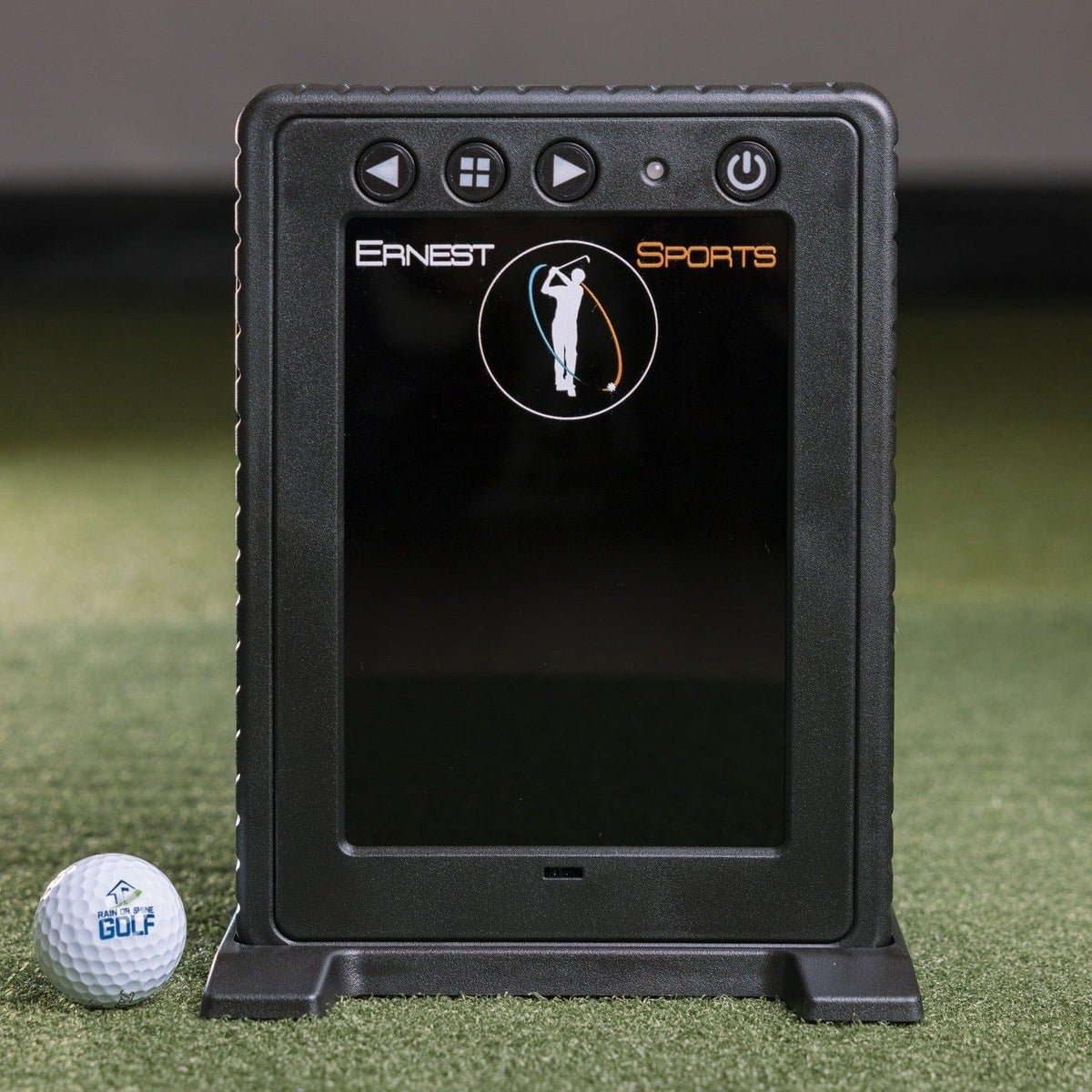 Front angle of Ernest Sports ES Tour Plus Launch Monitor 2.0 positioned indoors with golf ball alignment - ALLBGT