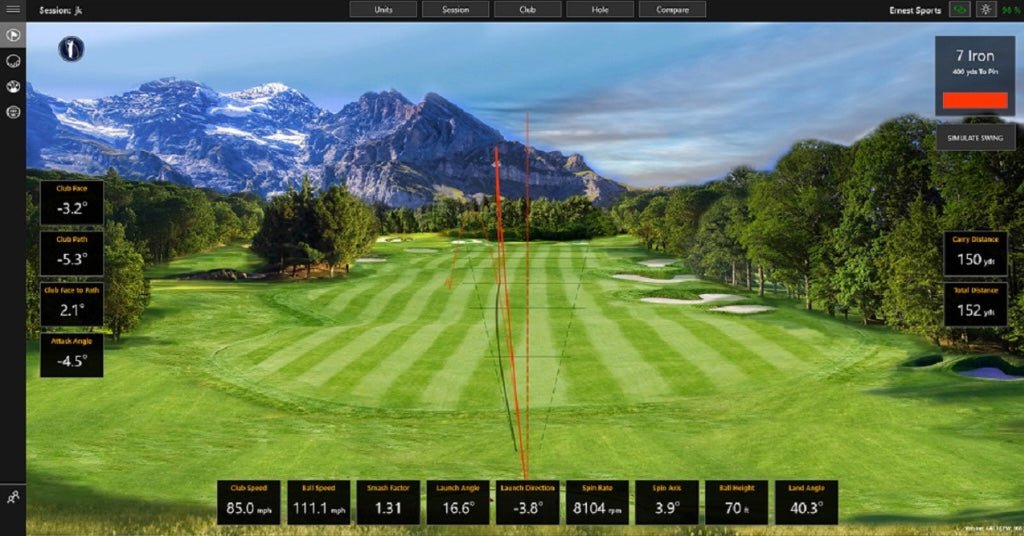 Simulation screen showing data from Ernest Sports ES Tour Plus Launch Monitor 2.0 during virtual golf session - ALLBGT