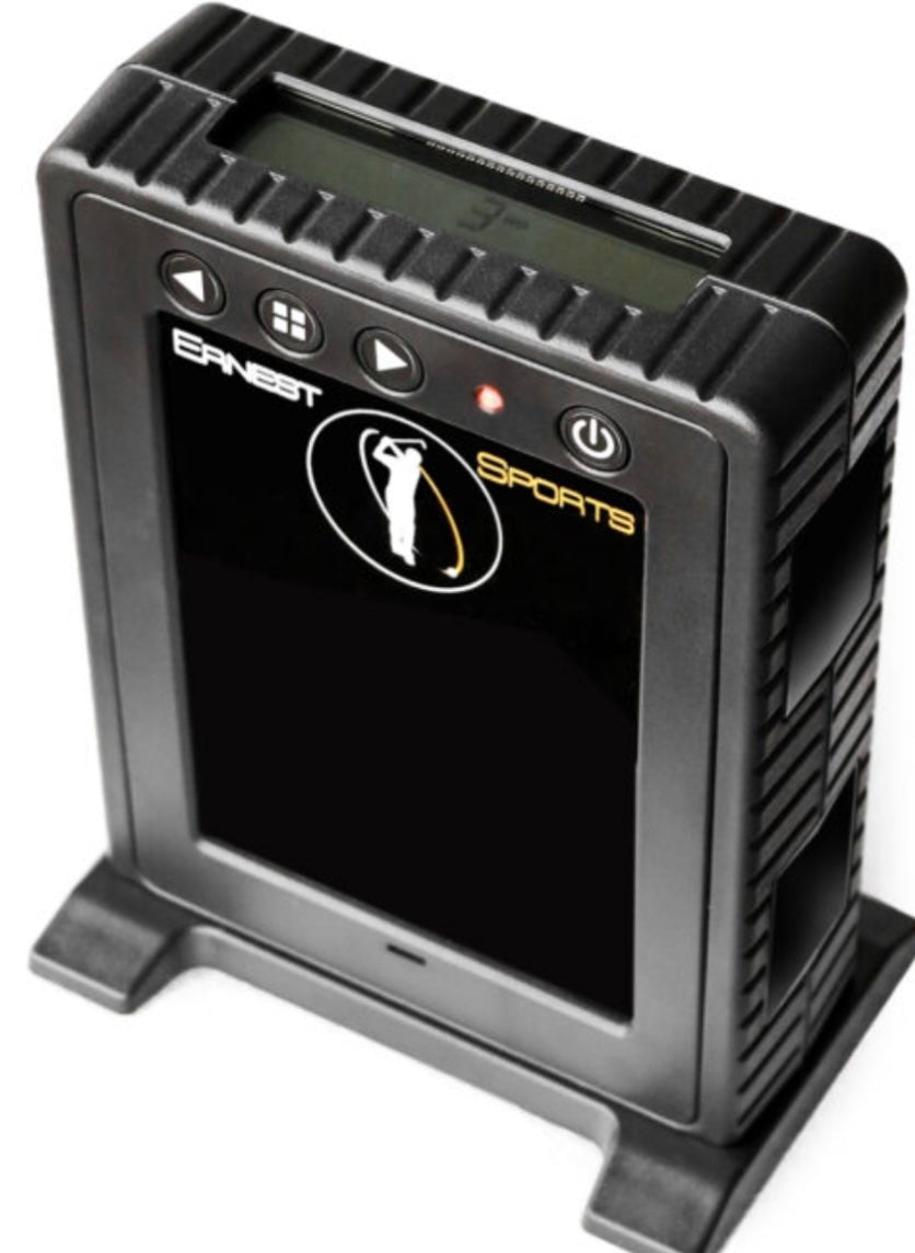 Close-up view of Ernest Sports ES Tour Plus Launch Monitor 2.0 radar system with performance display - ALLBGT