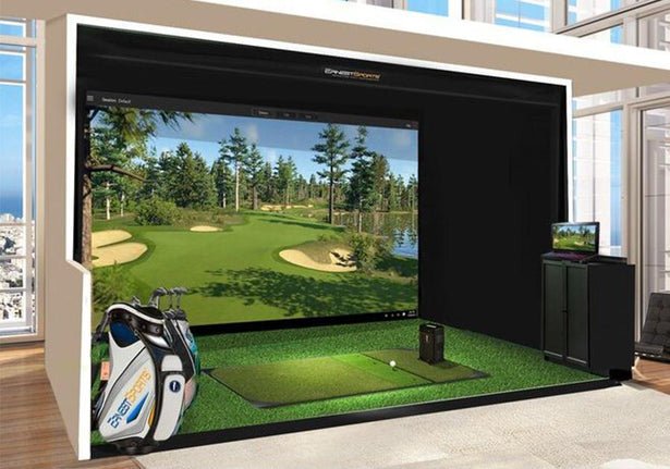 Luxury indoor golf simulator setup featuring Ernest Sports ES Tour Plus Launch Monitor 2.0 - ALLBGT